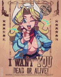 Rule 34 | 1girl, blonde hair, breasts, cleavage, cowboy bebop, cowboy hat, earrings, english text, eyelashes, green eyes, hat, heart, heart earrings, highres, jacket, jewelry, judy (cowboy bebop), large breasts, no bra, one eye closed, open mouth, pointing, pointing at viewer, poster (object), red scarf, scarf, smile, solo, speedoru, star-shaped pupils, star (symbol), symbol-shaped pupils, teeth, toothpick, upper body