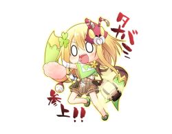 Rule 34 | 0 0, 1girl, ant, blonde hair, blush, bug, candy, chibi, clover hair ornament, cotton candy, flower knight girl, food, gloves, hair ornament, insect, kadose ara, katabami (flower knight girl), lantern, lollipop, mask, mask on head, open mouth, sandals, scarf, shorts, solo, white background, white gloves