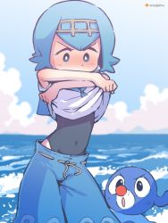Rule 34 | 1girl, arms up, artist name, black one-piece swimsuit, blue background, blue eyes, blue hair, blue pants, blue sailor collar, blue sky, blue theme, blush, brown hairband, clothes lift, cloud, covered navel, creatures (company), day, embarrassed, female focus, flat chest, game freak, gen 7 pokemon, gradient sky, hairband, highres, horizon, lana (pokemon), lifted by self, looking at another, looking down, looking up, matching hair/eyes, nintendo, nose blush, ocean, one-piece swimsuit, open mouth, orenji (orenjipiiru), outdoors, pants, pokemon, pokemon (creature), pokemon sm, popplio, sailor collar, shirt, shirt lift, short hair, sky, sleeveless, sleeveless shirt, solo focus, standing, sweat, swimsuit, swimsuit under clothes, undressing, v-shaped eyebrows, water, watermark, waves, white shirt