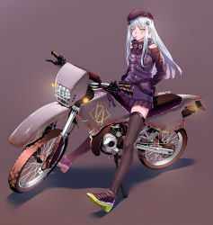 Rule 34 | 1girl, bare shoulders, belt, belt buckle, black footwear, black headwear, black skirt, black thighhighs, blue hair, blunt bangs, breasts, buckle, clothes writing, clothing cutout, commentary request, expressionless, facial mark, full body, girls&#039; frontline, goggles, goggles around neck, green eyes, hair ornament, half-closed eyes, hands in pockets, high collar, highres, hk416 (girls&#039; frontline), jacket, long sleeves, looking afar, looking away, makise minami, miniskirt, motor vehicle, motorcycle, mouth hold, panties, purple background, purple jacket, shoes, shoulder cutout, sidelocks, sitting, skirt, small breasts, solo, straight hair, thighhighs, underwear, zettai ryouiki
