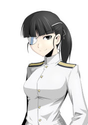 Rule 34 | 1girl, black hair, eyepatch, hetza (hellshock), long hair, looking at viewer, ponytail, sakamoto mio, simple background, smile, solo, strike witches, uniform, white background, world witches series