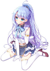 Rule 34 | 1girl, blue bow, blue eyes, blue hair, blue skirt, bow, braid, breasts, brown footwear, character request, closed mouth, commentary request, commission, elbow gloves, felarya, frilled skirt, frills, full body, gloves, high heels, iris mysteria!, long hair, looking at viewer, mauve, medium breasts, pixiv commission, ponytail, priscilla marcell de palvin, purple hair, shirt, shoes, sitting, skirt, sleeveless, sleeveless shirt, smile, solo, striped, striped bow, thighhighs, very long hair, wariza, white background, white gloves, white shirt, white thighhighs