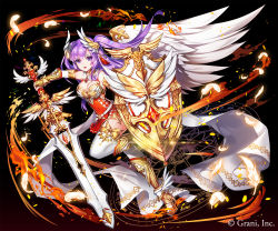 Rule 34 | 1girl, :o, apple caramel, black background, boots, breasts, cleavage, company name, covered navel, feathers, gauntlets, gem, gold trim, gradient background, hair wings, head wings, high heel boots, high heels, highres, holding, holding shield, holding sword, holding weapon, kurokishi to shiro no maou, long hair, magic circle, medium breasts, official art, purple eyes, purple hair, shield, solo, sword, thighhighs, weapon, white thighhighs, wings