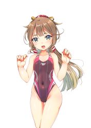 Rule 34 | 1girl, absurdres, brown hair, commentary request, competition swimsuit, covered navel, cowboy shot, flat chest, grey eyes, hair ribbon, highleg, highleg swimsuit, highres, kantai collection, kazagumo (kancolle), long hair, looking at viewer, one-piece swimsuit, ponytail, purple one-piece swimsuit, ribbon, simple background, smile, solo, swimsuit, thigh gap, white background, yashin (yasinz)