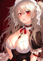 Rule 34 | 1girl, between breasts, blonde hair, blush, breasts, buckle, cleavage, collar, corset, ear piercing, frilled sleeves, frills, hisamichi (hisamichi1373), large breasts, long hair, looking at viewer, maid, maid headdress, neck garter, neck ribbon, original, parted lips, piercing, pointy ears, red background, red eyes, red ribbon, ribbon, short sleeves, simple background, solo, strapless, two side up, underbust, upper body, very long hair