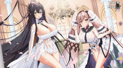 Rule 34 | 2girls, absurdres, antlers, azur lane, bare legs, breasts, chandelier, clothing cutout, column, copyright name, cowboy shot, detached sleeves, dress, formidable (azur lane), formidable (timeless classics) (azur lane), highres, horns, indomitable (azur lane), jie xian (tsuki), large breasts, long hair, looking at viewer, multiple girls, official alternate costume, petals, pillar, royal navy emblem (azur lane), shoulder cutout, very long hair, white dress, window