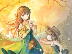 Rule 34 | 2girls, :d, autumn, autumn leaves, bad id, bad pixiv id, bag, bow, braid, brown hair, brown hat, bug, butterfly, child, closed eyes, dress, fence, ggomddak, grass, green dress, green eyes, hair bow, handbag, hat, insect, long hair, multiple girls, open mouth, orange bow, original, outdoors, picket fence, short hair, smile, twilight, wooden fence