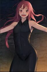 Rule 34 | 1boy, :d, arms up, black dress, blush, dress, her summon, long hair, looking at viewer, lua (her summon), open mouth, pink hair, smile, solo, trap, very long hair
