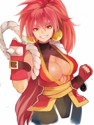 Rule 34 | 1990s (style), 1girl, black pantyhose, bloodberry, breasts, cleavage, clenched hands, fingerless gloves, gloves, grin, highres, large breasts, long hair, looking at viewer, pantyhose, ponytail, red eyes, red hair, retro artstyle, saber marionette j, settyaro, sketch, smile, solo, white background