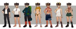 Rule 34 | 1boy, alternate skin color, animal print, bandaged arm, bandaged foot, bandages, bandaid, bandaid on face, bandaid on leg, bandaid on nose, black jacket, black pants, blue male swimwear, brown eyes, brown hair, commentary request, eyewear on head, fake horns, full body, gakuran, gladiator sandals, green bag, green shorts, green socks, grey background, hand tattoo, hat, unworn hat, unworn headwear, highres, horns, jacket, letterboxed, loafers, loincloth, male focus, male swimwear, protagonist 1 (housamo), mid (mid skb), neckerchief, no shoes, oni horns, outside border, pants, pouch, red neckerchief, robe, sandals, school uniform, scout uniform, shirt, shoes, short hair, shorts, sleeves rolled up, socks, star tattoo, sunglasses, swim trunks, tan, tanline, tattoo, tied shirt, tiger print, tokyo houkago summoners, variations, watch, white shirt, yellow horns