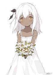 Rule 34 | 1girl, blush, bouquet, brown eyes, closed mouth, commentary request, dark-skinned female, dark skin, dress, flower, hair between eyes, highres, holding, holding bouquet, leilin, long hair, one side up, original, signature, simple background, sleeveless, sleeveless dress, smile, solo, strap slip, sundress, white background, white dress, white flower, white hair