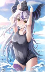 Rule 34 | 1girl, = =, animal, animal on head, bird, black one-piece swimsuit, blue sky, braid, breasts, closed eyes, cloud, cloudy sky, commentary request, covered navel, crow, crow (la+ darknesss), day, demon horns, grey hair, grin, hair between eyes, highres, hololive, horns, la+ darknesss, long hair, looking at viewer, mctom, multicolored hair, on head, one-piece swimsuit, outdoors, purple hair, purple thighhighs, single thighhigh, sky, small breasts, smile, solo, splashing, streaked hair, swimsuit, thighhighs, very long hair, virtual youtuber, wet, wet clothes, wet hair, wet swimsuit