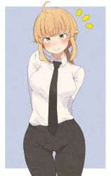 1girl absurdres ahoge alternate_costume arms_behind_back black_necktie black_pants blunt_bangs blush breasts brown_hair c: commentary_request contemporary dress_shirt formal furrowed_brow green_eyes highres large_breasts long_hair looking_at_viewer mushoku_tensei necktie norn_greyrat pants ponytail root_(1732050807point) shirt shirt_tucked_in sidelocks smile solo standing thigh_gap thighs white_shirt