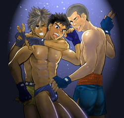 Rule 34 | 3boys, abs, black hair, blush, bulge, clenched teeth, erection, erection under clothes, fingerless gloves, forced, gloves, goma saba, grey hair, grin, groping, group sex, male focus, mmm threesome, multiple boys, muscular, navel, original, pectorals, pubic hair, restrained, scar, sex, smile, spiked hair, spotlight, struggling, teeth, threesome, underwear, urethral fingering, wrestler, wrestling, yaoi