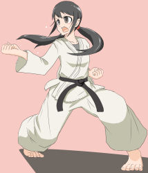 Rule 34 | 1girl, absurdres, artist request, barefoot, belt, black belt, black hair, breasts, brown eyes, clenched hands, collarbone, dougi, eyelashes, feet, female focus, fighting stance, full body, highres, idolmaster, idolmaster cinderella girls, japanese clothes, karate, karate gi, long hair, long sleeves, long twintails, looking away, low twintails, martial arts belt, nakano yuka, namco, neck, outstretched arms, pants, shiny clothes, shirt under jacket, sidelocks, simple background, small breasts, spread arms, spread legs, standing, sweat, sweatdrop, tiptoes, toenails, toes, turning head, twintails, very long hair