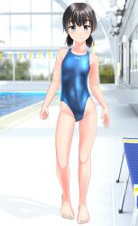 Rule 34 | 1girl, absurdres, barefoot, bench, black hair, blue one-piece swimsuit, breasts, clothes writing, commentary request, competition swimsuit, full body, gluteal fold, green eyes, highres, indoors, looking at viewer, low twintails, one-piece swimsuit, original, pool, short hair, small breasts, solo, standing, string of flags, swimsuit, takafumi, tan, twintails