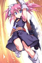 Rule 34 | 1girl, armpits, arms up, axe, belt, blue dress, blue eyes, boots, detached sleeves, dress, highres, knee boots, knife, leg up, long hair, pink hair, presea combatir, sheath, short dress, sleeveless, sleeveless dress, solo, standing, standing on one leg, tales of (series), tales of symphonia, tomoshibi hidekazu, twintails, weapon, white footwear, white sleeves