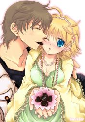 Rule 34 | 1boy, 1girl, beads, blonde hair, blue eyes, breasts squeezed together, breasts, brown hair, chocolate, hair beads, hair ornament, jewelry, large breasts, necklace, sakurai unan, valentine