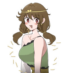 Rule 34 | 1girl, blush, breasts, brown hair, circlet, detached sleeves, dress, highres, looking at viewer, low twintails, mata (matasoup), medium breasts, multicolored clothes, red eyes, single-shoulder dress, single bare shoulder, single detached sleeve, solo, son biten, touhou, twintails, unfinished dream of all living ghost, upper body, white background