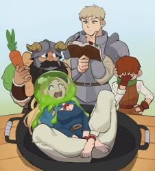 Rule 34 | 1girl, 3boys, armor, barefoot, belt, blonde hair, book, bound, breasts, brown hair, chilchuck tims, cleavage, dungeon meshi, facepalm, facial hair, food, frying pan, hand on own hip, helmet, highres, holding, holding food, horns, hyyun ho, laios touden, long hair, marcille donato, multiple boys, mustache, open book, open mouth, pants, reading, senshi (dungeon meshi), short hair, slime (creature), thinking, tied up (nonsexual), toes, white pants, yellow eyes