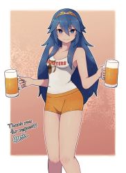 Rule 34 | 1girl, alcohol, beer, blue eyes, blue hair, breasts, choker, closed mouth, commission, fire emblem, fire emblem awakening, hair between eyes, hairband, holding, hooters, intelligent systems, lamb-oic029, long hair, looking at viewer, lucina (fire emblem), nintendo, orange shorts, shirt, short shorts, shorts, signature, skeb commission, small breasts, smile, solo, standing, tankard, white choker, white shirt