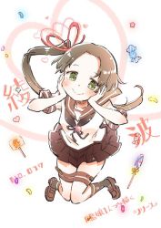 Rule 34 | 10s, 1girl, ayanami (kancolle), blush, brown hair, candy, food, green eyes, hair ribbon, hands on own cheeks, hands on own face, heart, kantai collection, lollipop, long hair, pleated skirt, ponytail, ribbon, school uniform, serafuku, side ponytail, simple background, skirt, smile, sodapop (iemaki), solo