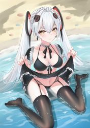 Rule 34 | + +, 1girl, alternate costume, bad id, bad pixiv id, beach, bikini, blush, bow, bowtie, breast cutout, breasts, chinese commentary, cleavage, clothes lift, detached collar, earrings, full body, garter belt, garter straps, hair between eyes, hair ornament, halo, highres, in water, jewelry, latte 620, lifting own clothes, lingerie, long hair, looking at viewer, luna (punishing: gray raven), maid, maid bikini, maid headdress, mechanical halo, medium breasts, midriff, navel, partially submerged, punishing: gray raven, sand, seashell, shell, sitting, skirt, skirt lift, smile, solo, swimsuit, thighhighs, unconventional maid, underwear, wariza, waves, wet, white hair, yellow eyes