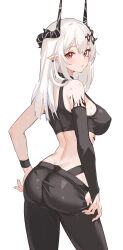 Rule 34 | 1girl, absurdres, arknights, ass, bare shoulders, black choker, black pants, blush, butt crack, choker, commentary, cowboy shot, crop top, detached sleeves, highres, horns, lolifreak, long hair, looking at viewer, material growth, midriff, mudrock (arknights), oripathy lesion (arknights), pants, pointy ears, red eyes, simple background, single sleeve, solo, sports bra, standing, thighs, white background, white hair