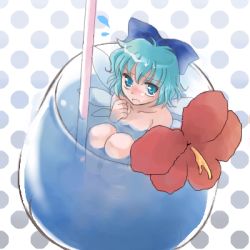 Rule 34 | 1girl, blue eyes, blue hair, blush, bow, cirno, coco (artist), cup, drink, drinking straw, female focus, flower, from above, in container, in cup, lowres, matching hair/eyes, mini person, minigirl, mundane utility, open mouth, short hair, solo, touhou, wings