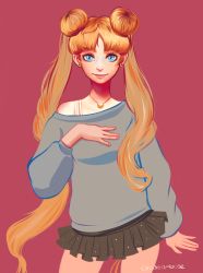 Rule 34 | 1girl, amber harris, artist name, bad id, bad tumblr id, bishoujo senshi sailor moon, blonde hair, blue eyes, cowboy shot, crescent, double bun, earrings, highres, jewelry, long hair, long neck, miniskirt, nail polish, off-shoulder, off-shoulder sweater, off shoulder, pendant, pink nails, pleated skirt, signature, skirt, smile, solo, sweater, tsukino usagi, twintails, very long hair