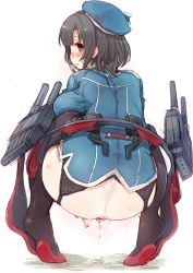 Rule 34 | 10s, 1girl, 7010, anus, ass, beret, black hair, breasts, female masturbation, fingering, from behind, garter belt, garter straps, hat, heart, heart-shaped pupils, high heels, highres, kantai collection, large breasts, looking back, masturbation, military, military uniform, no panties, pussy juice, pussy juice trail, red eyes, saliva, shoes, short hair, solo, squatting, sweat, symbol-shaped pupils, takao (kancolle), thighhighs, tiptoes, uncensored, uniform