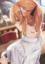 Rule 34 | 1girl, aged up, alternate breast size, alternate hairstyle, black ribbon, blouse, bra visible through clothes, breasts, coffee cup, commentary, cup, day, disposable cup, from behind, gochuumon wa usagi desu ka?, hair ornament, hair ribbon, hairclip, highres, hoto cocoa, indoors, japanese clothes, kimono, ks (xephyrks), large breasts, looking at viewer, looking back, medium hair, nape, orange hair, ponytail, purple eyes, ribbon, saucer, see-through, shirt, solo, upper body, white shirt, window shadow