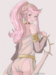 Rule 34 | 1girl, absurdres, ass, blush, braid, commission, fire emblem, fire emblem awakening, from behind, hairband, highres, long hair, looking back, nintendo, olivia (fire emblem), parted lips, pink eyes, pink hair, ponytail, see-through, side braid, solo, tommy (kingdukeee), twin braids, twitter username, white hairband