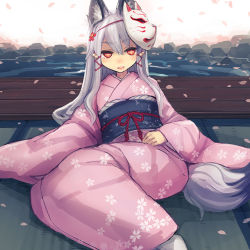 Rule 34 | + +, 1girl, animal ears, bee (deadflow), blush, concon-collector, fox ears, fox mask, fox tail, grey hair, japanese clothes, kimono, long hair, looking at viewer, mask, parted lips, petals, red eyes, sitting, smile, solo, tail, tatami, teeth, water