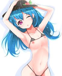 Rule 34 | 1girl, absurdres, armpits, arms up, bad id, bad pixiv id, bikini, bikini top lift, blue hair, breasts, clothes lift, collarbone, flat chest, food, fruit, hat, highres, hinanawi tenshi, looking at viewer, micro bikini, navel, nipples, one eye closed, open mouth, peach, petite, pink eyes, small breasts, solo, swimsuit, team shanghai alice, touhou, velia, wet