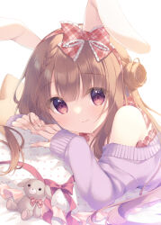 Rule 34 | 1girl, animal ears, bare shoulders, bow, braid, brown hair, closed mouth, comiket 103, frilled bow, frilled pillow, frills, hair between eyes, hair bow, hair bun, hairband, long hair, long sleeves, looking at viewer, lying, off shoulder, on stomach, original, pillow, plaid, plaid bow, plaid hairband, puffy long sleeves, puffy sleeves, purple sweater, rabbit ears, red bow, red eyes, red hairband, simple background, single side bun, sleeves past wrists, smile, solo, stuffed animal, stuffed rabbit, stuffed toy, sweater, upper body, white background, yukie (peach candy)