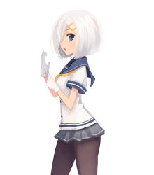 Rule 34 | 10s, 1girl, adjusting clothes, adjusting gloves, black pantyhose, blue eyes, cowboy shot, eyebrows, from side, gloves, hair ornament, hair over one eye, hairclip, hamakaze (kancolle), kantai collection, looking at viewer, mozuya (hisai), open mouth, pantyhose, school uniform, serafuku, short hair, short sleeves, simple background, skirt, solo, white background, white gloves, white hair