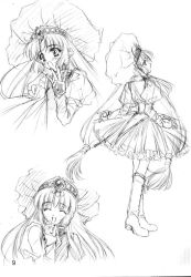 Rule 34 | 1girl, ^ ^, carnelian, character sheet, closed eyes, closed eyes, female focus, frills, greyscale, hat, long hair, monochrome, reen kadorer, scan, sketch, solo, twintails, very long hair, white background