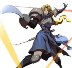 Rule 34 | 1girl, armor, belt, black gloves, blonde hair, blue eyes, breastplate, charlotte christine de colde, closed mouth, elbow gloves, gloves, hair between eyes, highres, holding, holding sword, holding weapon, knee pads, long hair, loped, pauldrons, rapier, samurai spirits, scabbard, sheath, shoulder armor, snk, solo, sword, unsheathed, weapon
