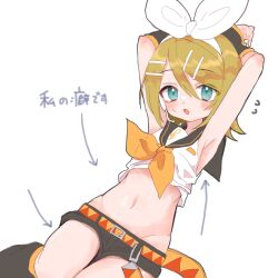 Rule 34 | 1girl, aqua eyes, armpits, arms up, arrow (symbol), bare shoulders, black leg warmers, black shorts, black sleeves, blonde hair, bow, breasts, detached sleeves, flat chest, flying sweatdrops, hair bow, hair ornament, hairclip, headphones, headset, highres, kagamine rin, leg warmers, light blush, looking at viewer, midriff, navel, neckerchief, nnc225, open mouth, sailor collar, shirt, shirt rolled up, shorts, sideboob, skinny, sleeveless, sleeveless shirt, solo, sweatdrop, translation request, treble clef, twitter username, vocaloid, white bow, yellow neckerchief