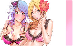 Rule 34 | 2girls, :d, aqua eyes, armlet, blonde hair, blue hair, blush, bow, bow bra, bra, breast suppress, breasts, bug, butterfly, cleavage, eyelashes, eyeshadow, finger to face, fingernails, flower, gradient hair, green eyes, hair flower, hair ornament, highres, insect, lace, lace bra, large breasts, lingerie, lips, lipstick, long fingernails, long hair, looking at viewer, looking away, makeup, multicolored hair, multiple girls, nail polish, naughty face, open mouth, orange hair, original, parted bangs, purple hair, see-through, simple background, smile, third-party edit, underboob, underwear, underwear only, upper body, wallpaper, wavy hair, yamashita shun&#039;ya