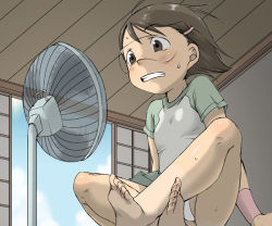 Rule 34 | 00s, 1girl, barefoot, dennou coil, electric fan, equal (melomelopunch), fanning face, fanning self, feet, glasses, goggles, hashimoto fumie, indian style, maebari, panties, raglan sleeves, sitting, solo, toes, underwear, visor