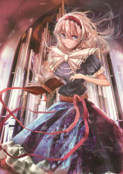 Rule 34 | 1girl, absurdres, airbrush (medium), alice margatroid, blonde hair, blue dress, blue eyes, book, cape, colored pencil (medium), dress, floral print, grimoire, grimoire of alice, hairband, highres, instrument, miada, organ (instrument), puffy sleeves, ribbon, sash, short sleeves, smile, solo, touhou, traditional media, wind