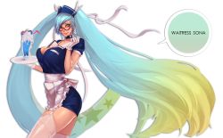 Rule 34 | 1girl, alternate costume, apron, aqua eyes, aqua hair, bespectacled, between breasts, blonde hair, blue eyes, blush, breasts, character name, cleavage, drink, drinking straw, duto, food, garter straps, glasses, gloves, gradient hair, hair ribbon, hat, ice cream, large breasts, league of legends, long hair, maid, maid apron, multicolored hair, plate, ribbon, smile, socks, solo, sona (league of legends), speech bubble, star (symbol), suggestive fluid, thighhighs, twintails, very long hair, waitress, white background, white gloves, white socks