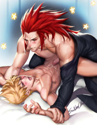 Rule 34 | 2boys, abs, age difference, anal, ass, axel, bed, blonde hair, cum, cum on body, ejaculating while penetrated, ejaculation, facepaint, highres, kingdom hearts, male focus, male penetrated, multiple boys, muscular, naughty face, pectorals, penis, red hair, restrained, roxas, sakimichan, size difference, spiked hair, sweat, testicles, uncensored, yaoi