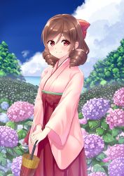 Rule 34 | 10s, 1girl, absurdres, blue sky, blush, bow, brown hair, closed umbrella, day, drill hair, field, flower, flower field, hair bow, hakama, hakama skirt, harukaze (kancolle), highres, hio (hiohio0306), hydrangea, japanese clothes, jewelry, kantai collection, kimono, looking at viewer, meiji schoolgirl uniform, oil-paper umbrella, outdoors, pink kimono, red bow, red eyes, red hakama, ring, skirt, sky, smile, solo, twin drills, umbrella, v arms, water drop, wedding band
