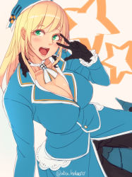 Rule 34 | 10s, 1girl, atago (kancolle), black gloves, blonde hair, blush, breasts, gloves, green eyes, hat, highres, kantai collection, kate (alice catharsis), large breasts, long hair, looking at viewer, military, military uniform, pantyhose, personification, smile, solo, uniform