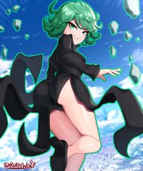 Rule 34 | 1girl, absurdres, artist name, ass, black dress, blue sky, breasts, city, cloud, commentary, curly hair, dress, english commentary, flying, green eyes, green hair, grin, high heels, highres, long sleeves, looking at viewer, looking back, one-punch man, rock, sarukaiwolf, short hair, sky, small breasts, smile, solo, tatsumaki, taut clothes, taut dress, teeth, telekinesis, thighs, v-shaped eyebrows