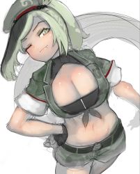 Rule 34 | 1girl, ;), alternate costume, asymmetrical hair, bare arms, belt, beret, breasts, center opening, cleavage, closed mouth, cowboy shot, crocodilian tail, crop top, cropped shirt, fang, fang out, green eyes, green hair, hand on own hip, hat, highres, japari symbol, kemono friends, large breasts, leaning back, looking at viewer, midriff, multicolored hair, navel, one eye closed, saltwater crocodile (kemono friends), shibori kasu, shirt, short shorts, short sleeves, shorts, sketch, slit pupils, smile, solo, stomach, tail, tied shirt
