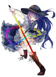 Rule 34 | 1girl, apron, black hat, blouse, blue bow, blue hair, blue skirt, bow, bowtie, brown footwear, buttons, cross-laced footwear, dress shirt, frills, hat, highres, hinanawi tenshi, long hair, neck ribbon, puffy short sleeves, puffy sleeves, rainbow order, red bow, red eyes, ribbon, shirt, shoes, short sleeves, skirt, solo, sword of hisou, touhou, vivo (vivo sun 0222), white shirt, wing collar